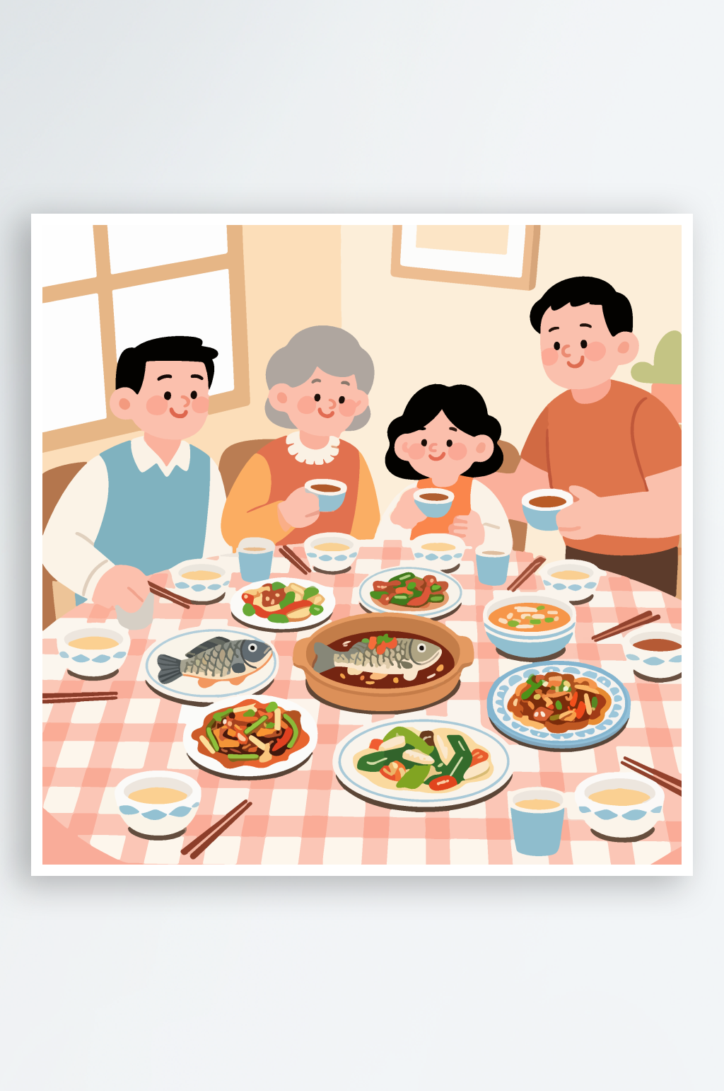 卡通温馨家庭聚餐插画素材
