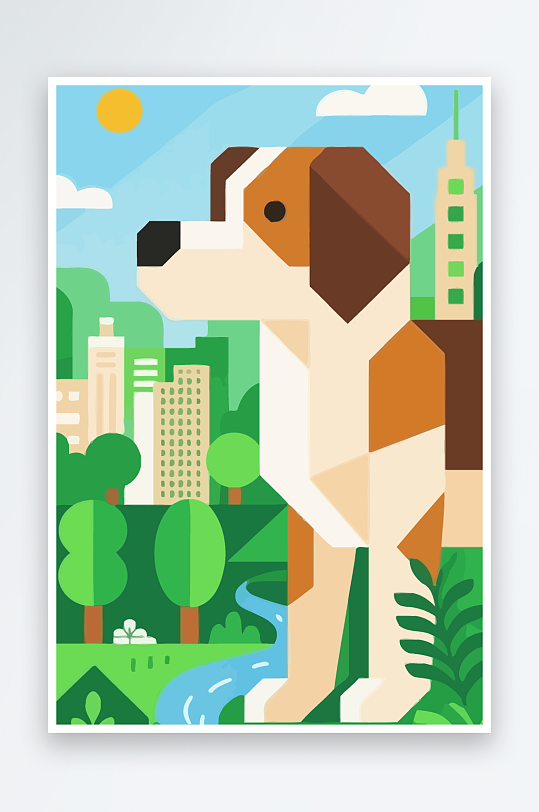 卡通狗绿植矢量插画-众图网