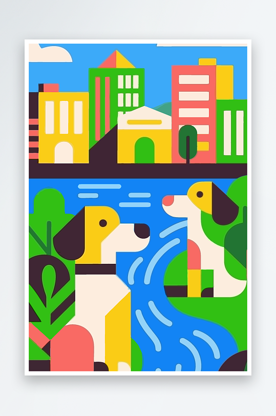 卡通狗绿植矢量插画-众图网