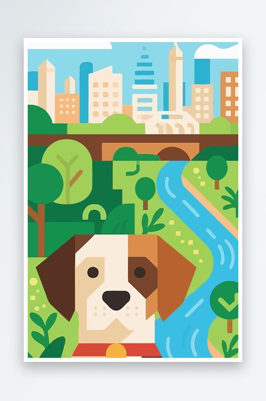 卡通狗绿植矢量插画-众图网