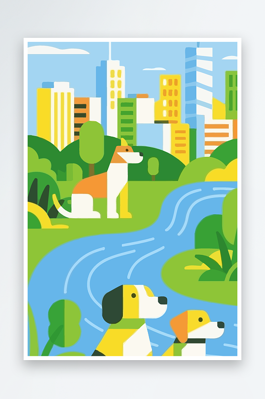 卡通狗绿植矢量插画-众图网