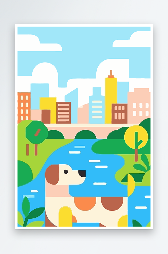 卡通狗绿植矢量插画-众图网