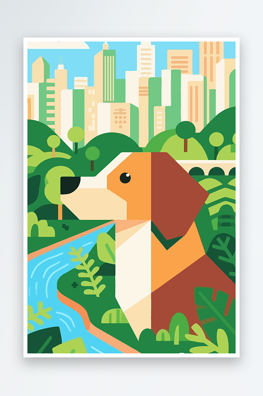 卡通狗绿植矢量插画-众图网