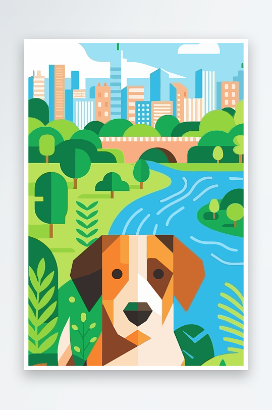 卡通狗绿植矢量插画元素-众图网