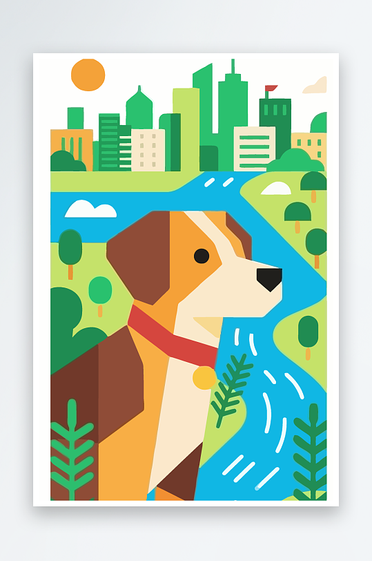 卡通狗绿植矢量插画元素-众图网