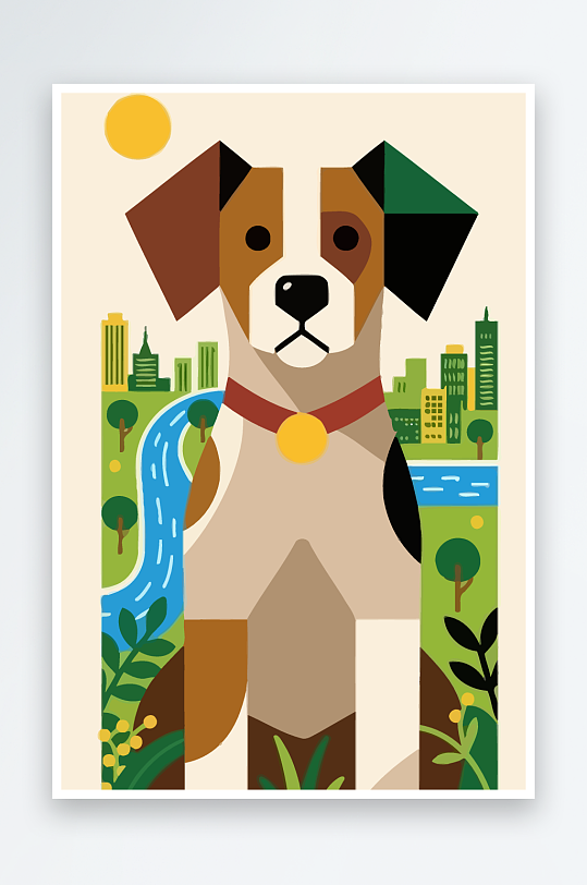 卡通狗绿植矢量插画元素-众图网