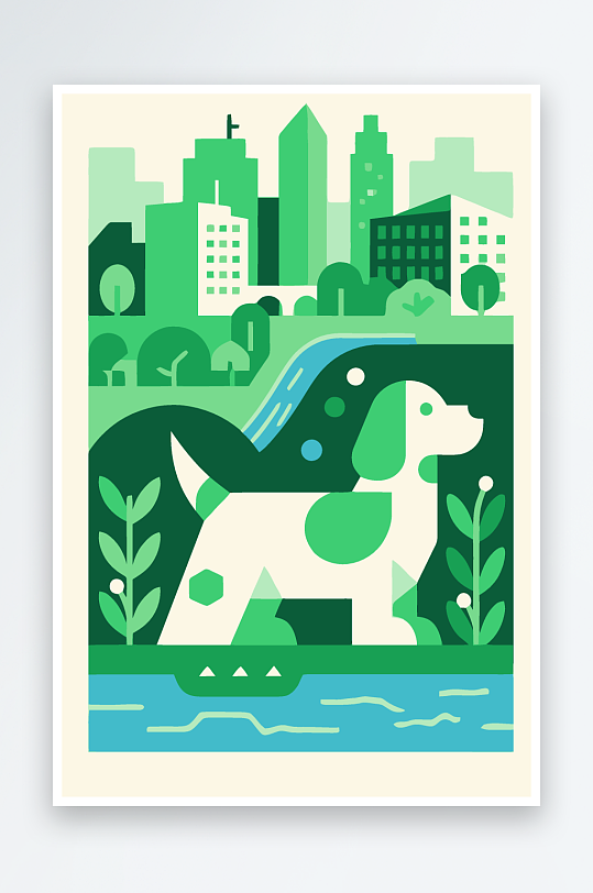 卡通狗绿植矢量插画元素-众图网