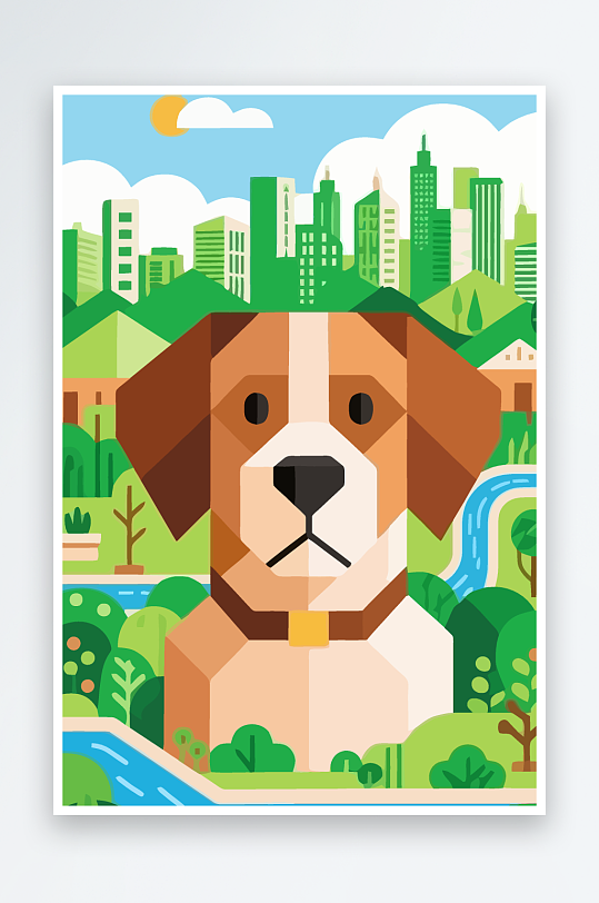 卡通狗绿植矢量插画-众图网