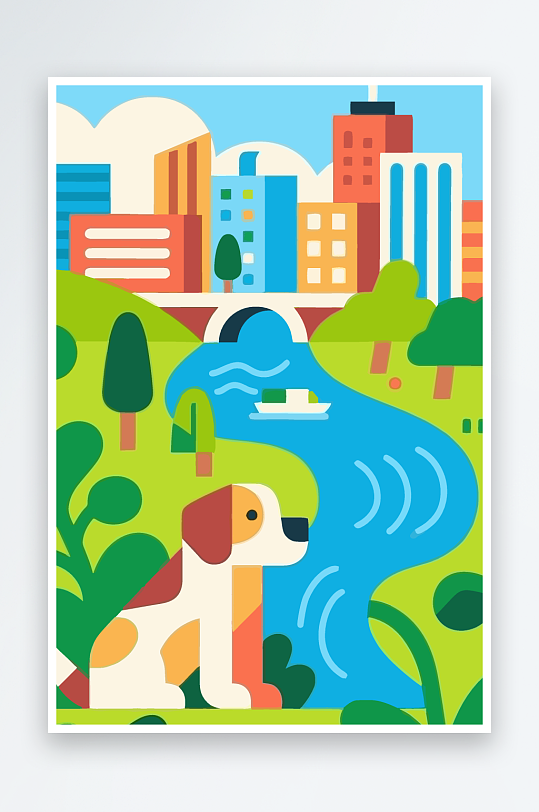 卡通狗绿植矢量插画-众图网