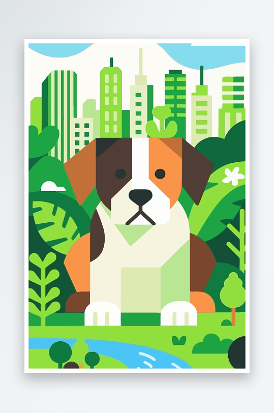 卡通狗绿植矢量插画元素-众图网