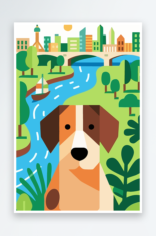 卡通狗绿植矢量插画元素-众图网