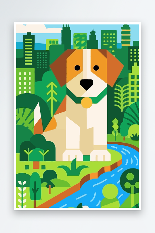 卡通狗绿植矢量插画元素-众图网