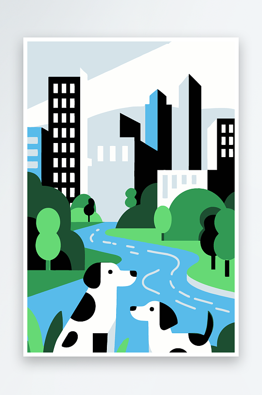 卡通狗绿植矢量插画元素-众图网