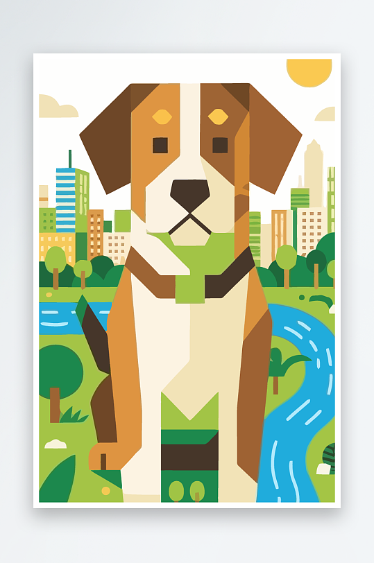 卡通狗绿植矢量插画元素-众图网