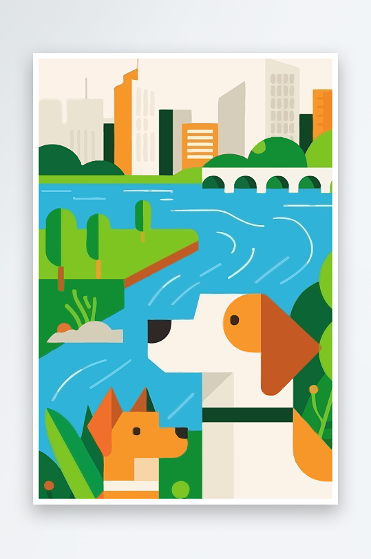 卡通狗绿植矢量插画-众图网