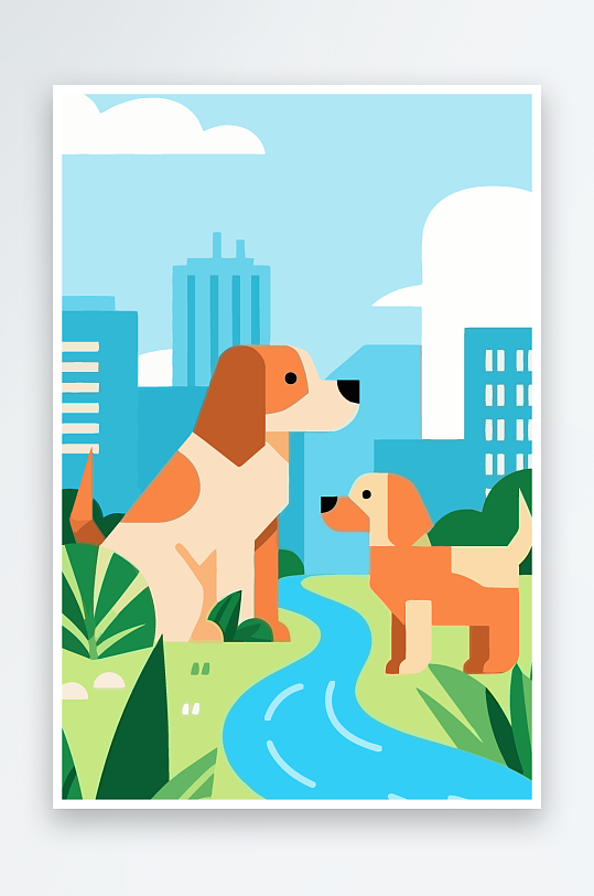 卡通狗绿植矢量插画-众图网