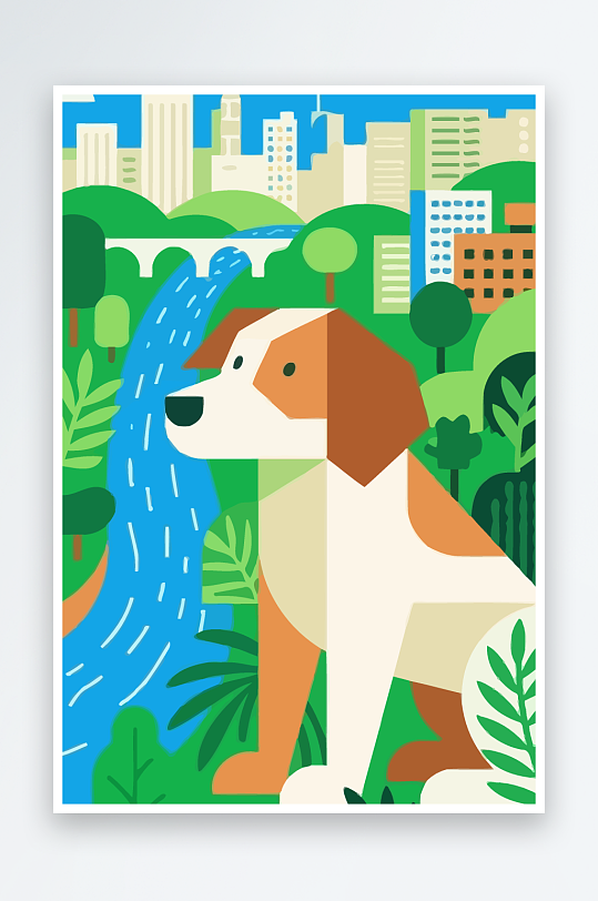 卡通狗绿植矢量插画-众图网