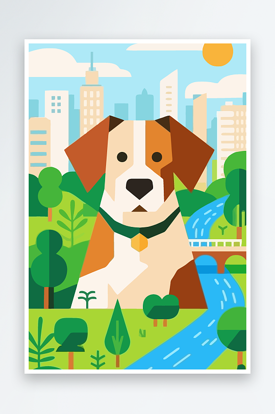 卡通狗绿植矢量插画-众图网