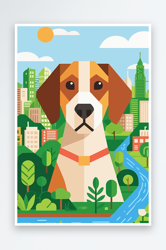 卡通狗绿植矢量插画-众图网