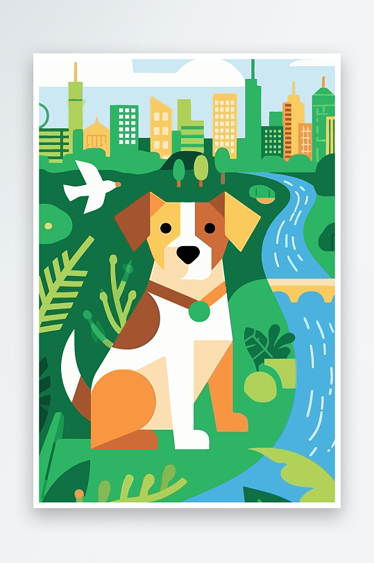 卡通狗绿植矢量插画元素-众图网