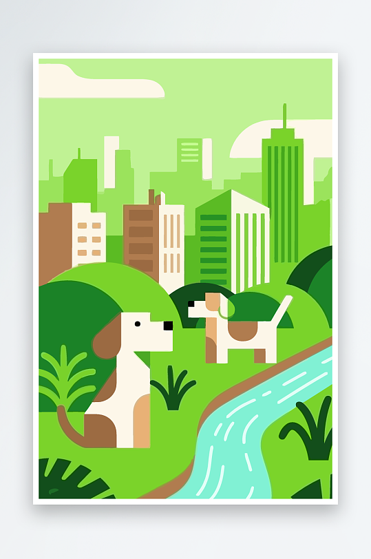 卡通狗绿植矢量插画元素-众图网