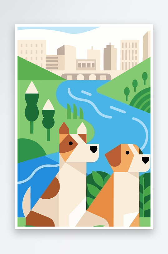 卡通狗绿植矢量插画元素-众图网