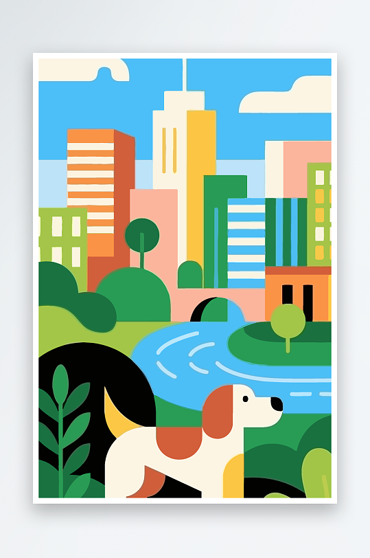 卡通狗绿植矢量插画元素-众图网