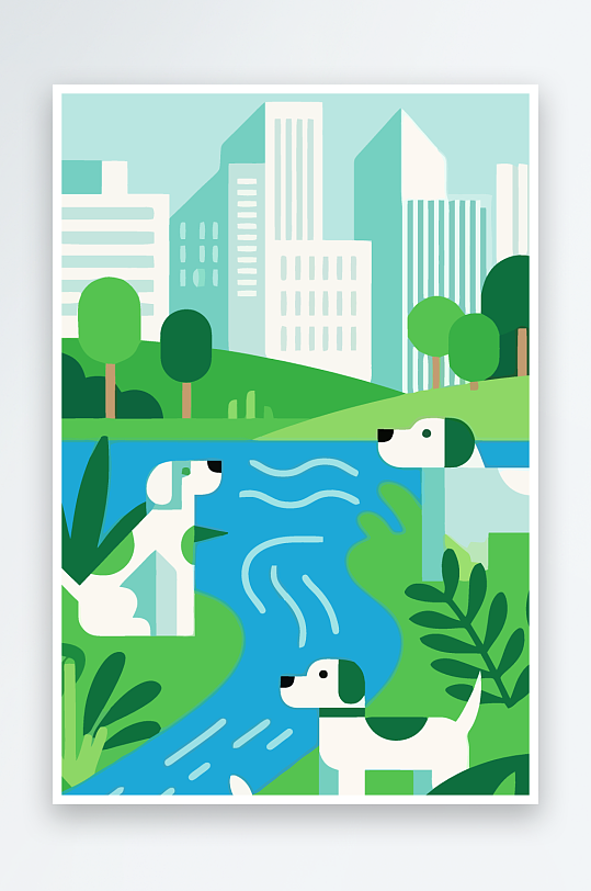 卡通狗绿植矢量插画元素-众图网