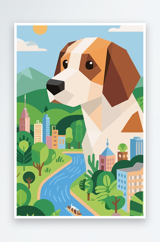 卡通狗绿植矢量插画元素-众图网