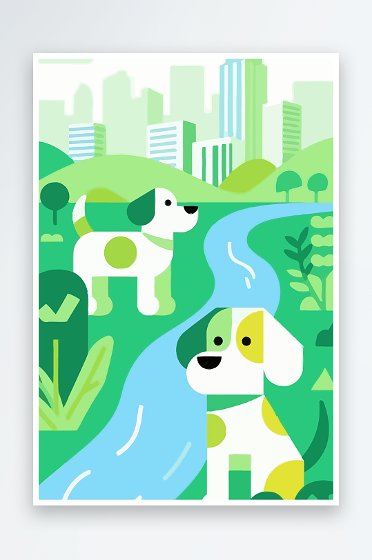 卡通狗绿植矢量插画元素-众图网