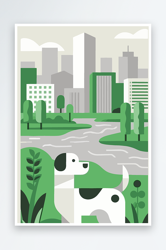 卡通狗绿植矢量插画-众图网