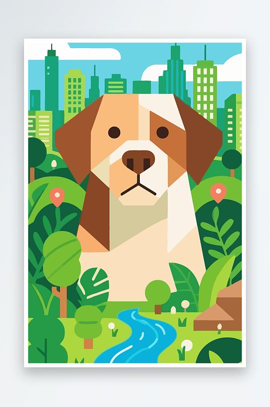 卡通狗绿植矢量插画-众图网