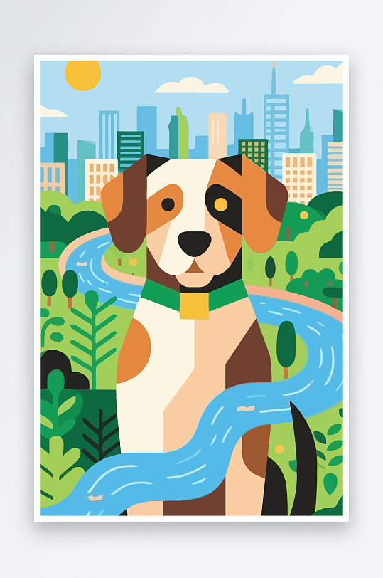 卡通狗绿植矢量插画-众图网