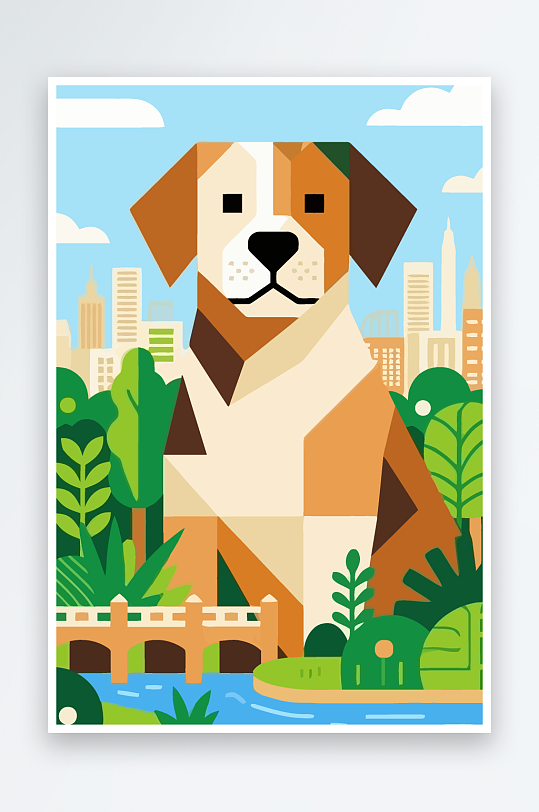 卡通狗绿植矢量插画-众图网