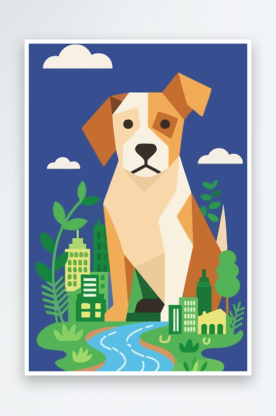 卡通狗绿植矢量插画-众图网