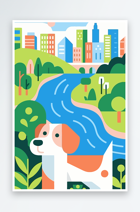 卡通狗绿植矢量插画-众图网