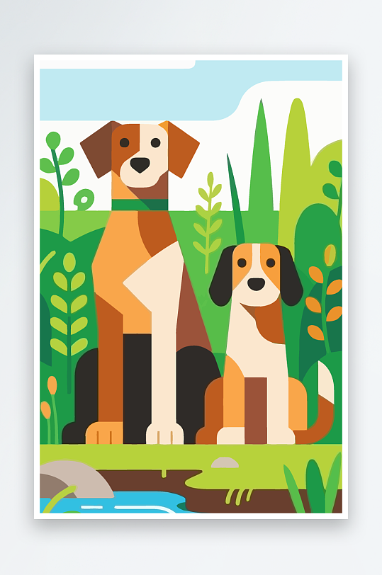 卡通狗绿植矢量插画-众图网