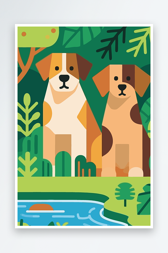 卡通狗绿植矢量插画元素-众图网