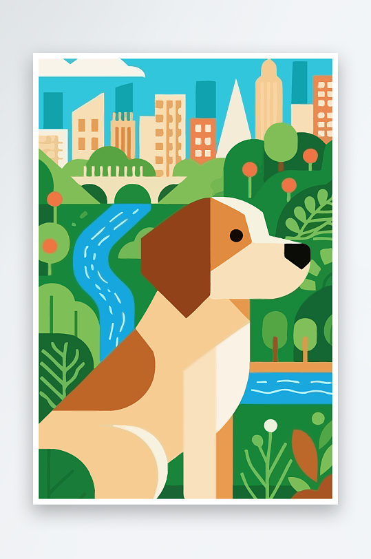 卡通狗绿植矢量插画元素-众图网