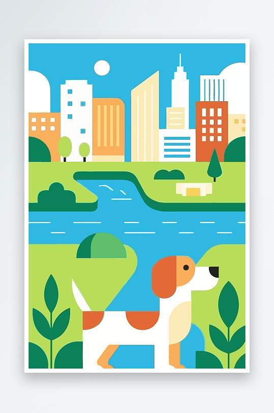 卡通狗绿植矢量插画元素-众图网