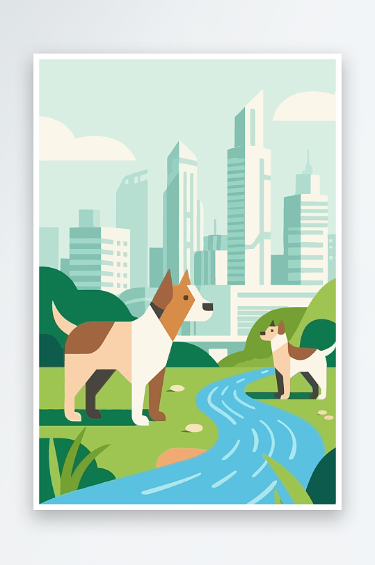 卡通狗绿植矢量插画-众图网