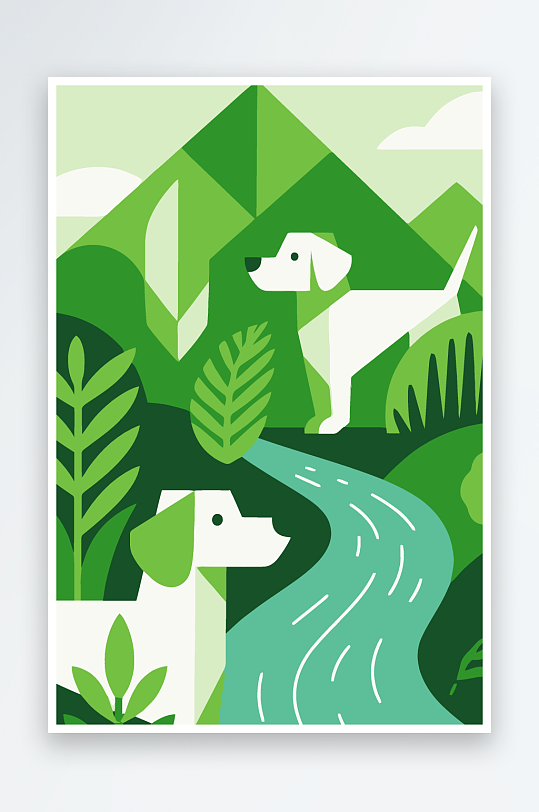 卡通狗绿植矢量插画-众图网