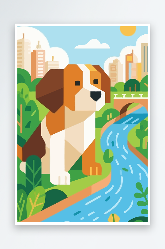 卡通狗绿植矢量插画-众图网