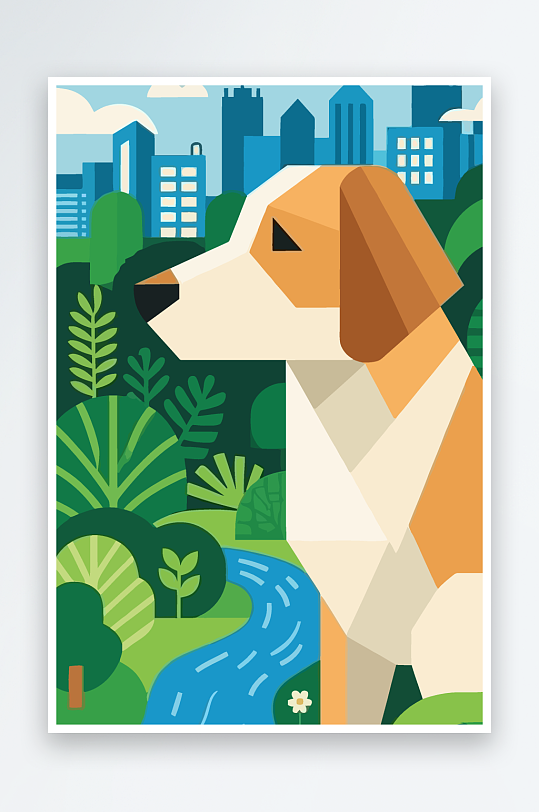 卡通狗绿植矢量插画-众图网