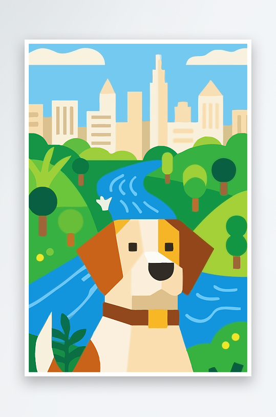 卡通狗绿植矢量插画-众图网