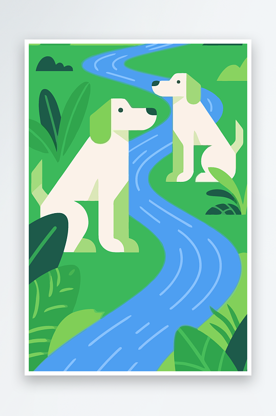 卡通狗绿植矢量插画元素-众图网