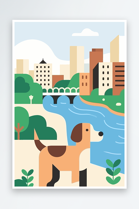 卡通狗绿植矢量插画元素-众图网