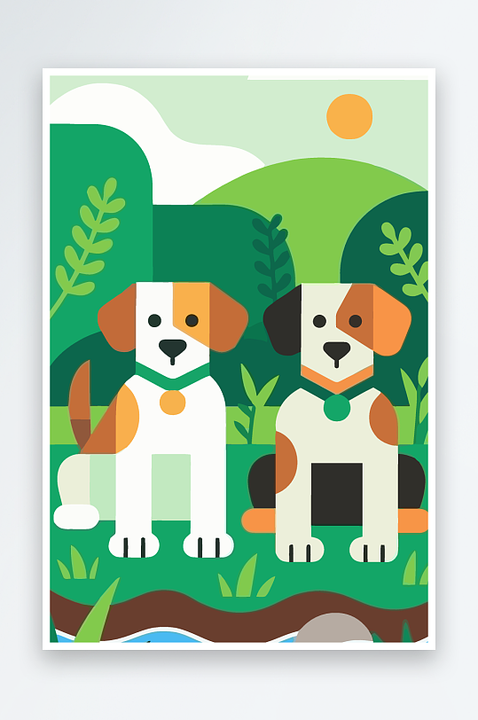 卡通狗绿植矢量插画元素-众图网