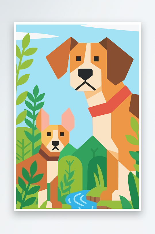 卡通狗绿植矢量插画-众图网