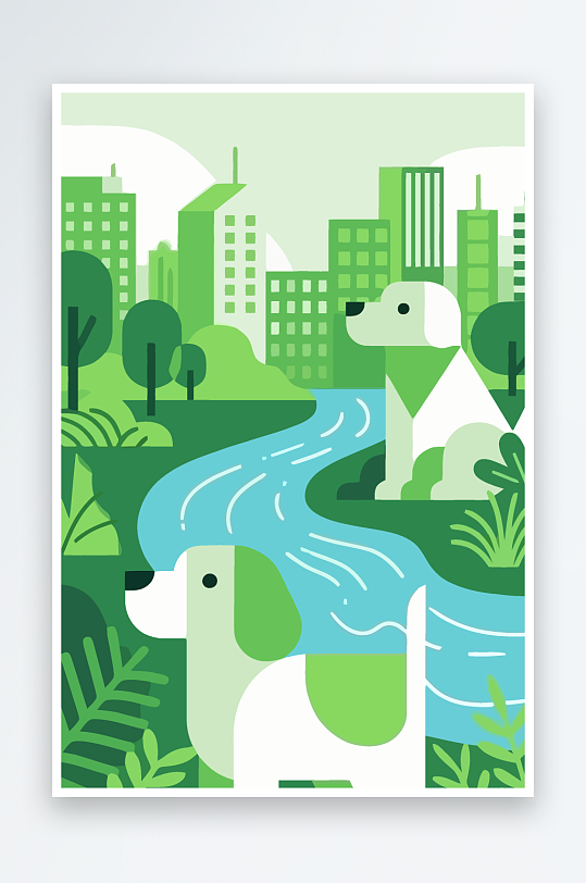 卡通狗绿植矢量插画-众图网